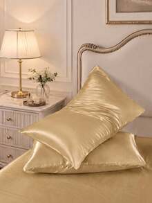 2pcs Set Gold Premium Satin Silk Envelope Pillowcases, Wrinkle-Resistant, Gentle On Hair And Skin, No Filling, Silky Soft Breathable, Machine Washable, Suitable For Standard Double, Queen, Single Bed, Student Dorm Bedding Back To School - Gold - View 2