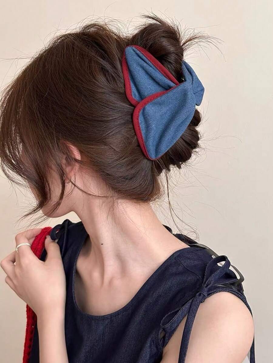 1pc Vintage Denim Contrast Red Edge Triangle Hair Claw, Fashionable Elegant Updo Minimalist Daily Hair Accessory - Denim Blue - View 1