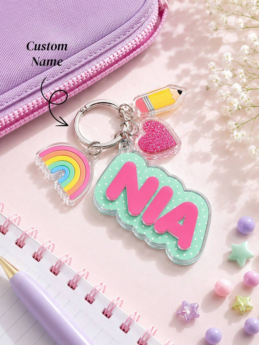 Personalized Girls Bag Name Tag With Charm, Backpack Keychain, Lunch Box Tag, Water Bottle Name Tag, Back To School Tag, Birthday Gift, Daycare Label - Multicolor - View 1