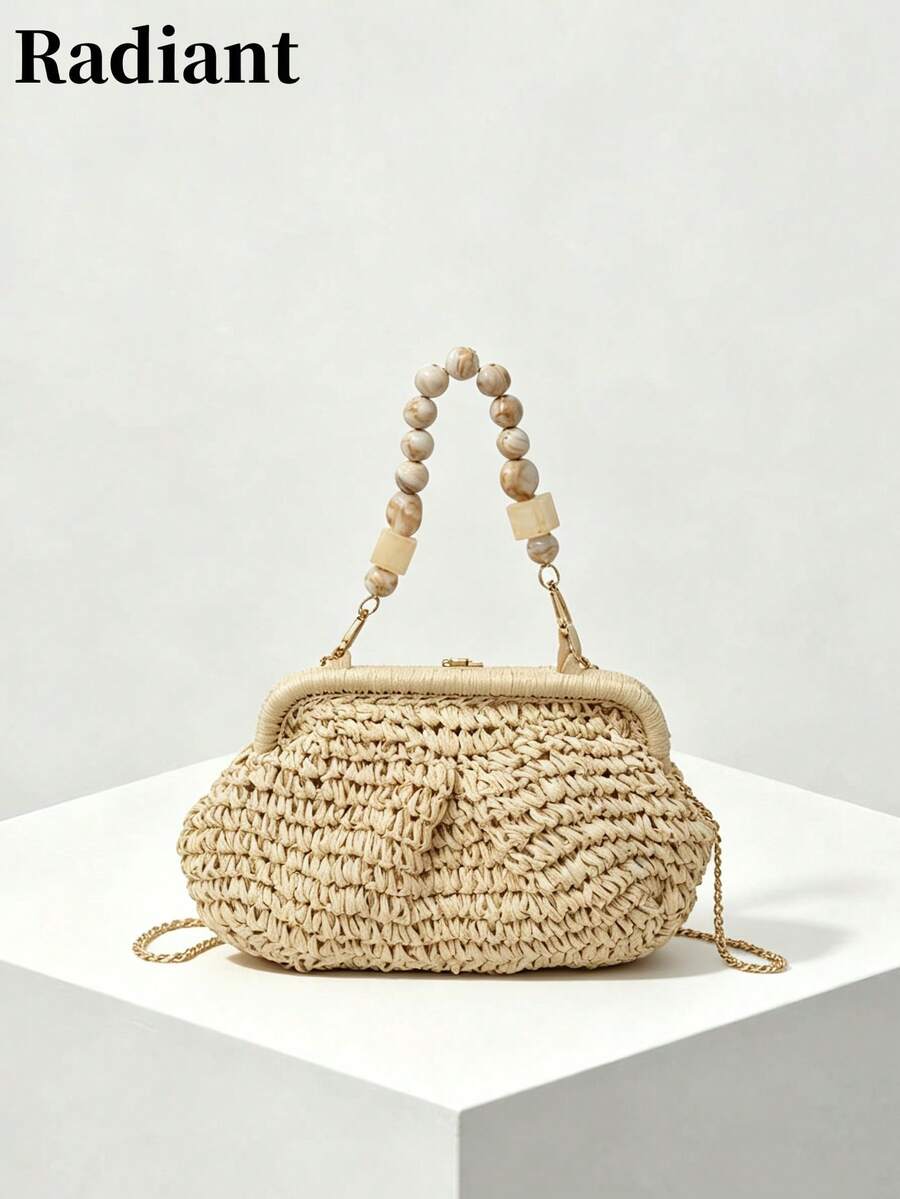 Women's Natural Straw Woven Shell-Shaped Clasp Handbag With Marble Bead Handle And Detachable Chain Shoulder Strap, Suitable For Summer Beach Vacation And Casual Use - White - View 1