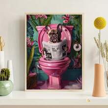 1 pièce pièce Impression sur canevas amusante de bouledogue français lisant sur les toilettes - Décoration de salle de bain fantaisiste, art mural sans cadre pour la maison, le bureau, le café, les animaux - A - Voir 3