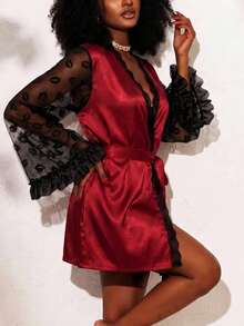 Women's Burgundy Satin Kimono-Style Short Loungewear, Lip Print Mesh Flare Sleeves, Lace Trim Tie, Valentine's Day Gift - Burgundy - View 4