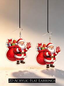 2D Santa Claus Gift Pendant Earrings, Flat Acrylic Double-Sided Print, Christmas Cartoon Lightweight Ear Accessories, Perfect Halloween, Thanksgiving, Christmas Gift For Girls And Women, Cute Fashion Accessory Suitable For Any Occasion - Santa Claus - View 5