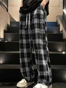 Men's Plaid Wide Leg Pants, Comfortable Fabric With Structured Fit, Large Front Pockets For Practical Storage, Natural Stacked Hem For Relaxed Vibe, Versatile For Any Shoe Style, Ideal For Couples Outings And Light Outdoor Activities - Grey - View 9