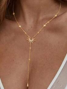 QTHOPE 1pc Rhinestone Sunflower Y-Shaped Long Tassel Necklace For Women - Gold - View 2
