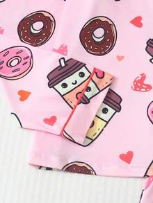Tween Girls Pajama Set,Button‑Down Long Sleeve Tops & Long Pants,Cute Donut & Milk Tea Cup Print Sleepwear, Soft Loungewear Autumn Winter Home Outfit - Pink - View 5