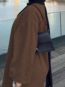 Women's Autumn Brown Knit Long Robe, V-Neck Batwing Sleeve, Long Split Design - Coffee Brown - View 3