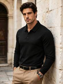 Men's Spring/Autumn Fashion Casual Loose Fit Long Sleeve Polo Shirt With Turn-Down Collar, Suitable For Daily Commute And Travel - Black - View 5