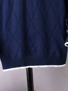 Boys' Semi-High Neck Half-Zip Long Sleeve Knitted Sweater, Argyle Pattern With Contrast Stripes, Preppy Casual Versatile Pullover, Suitable For Campus Daily Wear In Spring, Autumn And Winter - Navy Blue - View 4