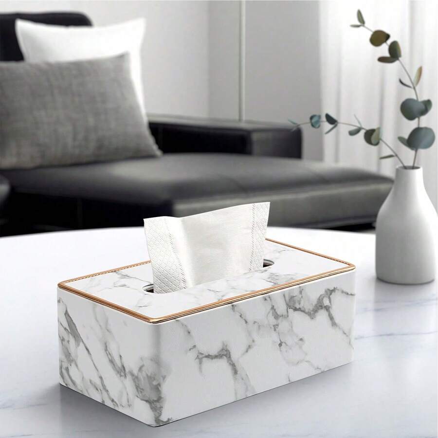 1pc Gold Trim PU Leather Marble Pattern Tissue Box, Can Be Used As Bathroom, Room, Home Decor Item, Also Essential Accessory For Bathroom Decoration And Storage - Black and White - View 1