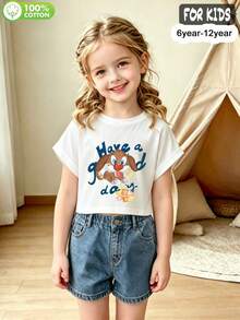 Tween Girls'  Cotton Cropped Cuffed Sleeve Tee, Graphic Print,  Cute Sweet Preppy Girl Style - White - View 4