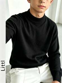 Big Boys' Solid Black Mock Neck Knit Sweater, Basic Long Sleeve Ribbed Cuff & Hem Soft Pullover Top, Casual Daily Autumn/Winter Children's Top - Black - View 9
