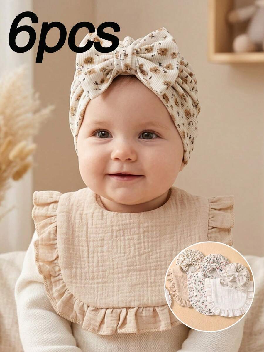 6pcs Summer Candy Color Bowknot Decorated Baby Headband Hat + Soft Skin-Friendly Baby Bib Drool Cloth Set, Suitable For Daily Use In All Seasons - Multicolor - View 1
