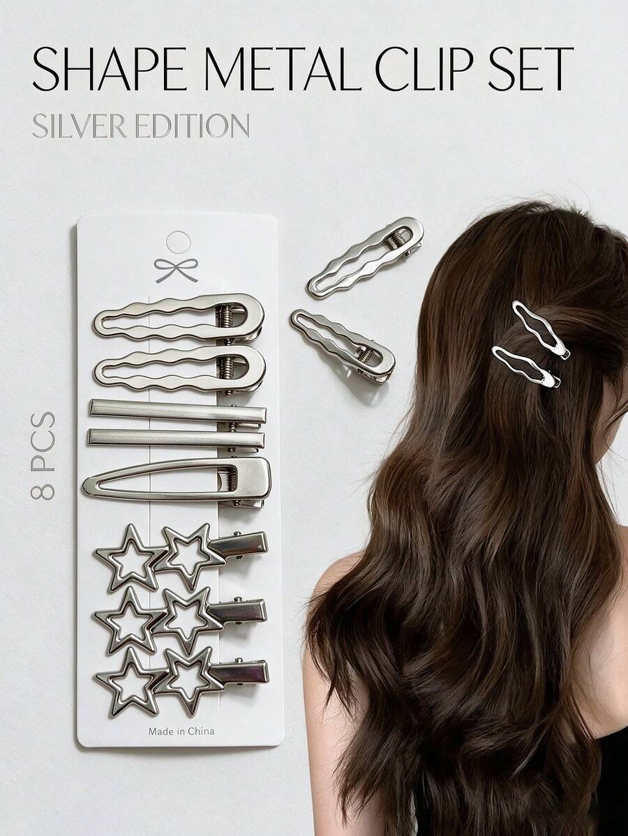 Back To School Y2K Women Silver Metal Star Side Clips Set, Duckbill BB Barrettes For Bangs & Broken Hair