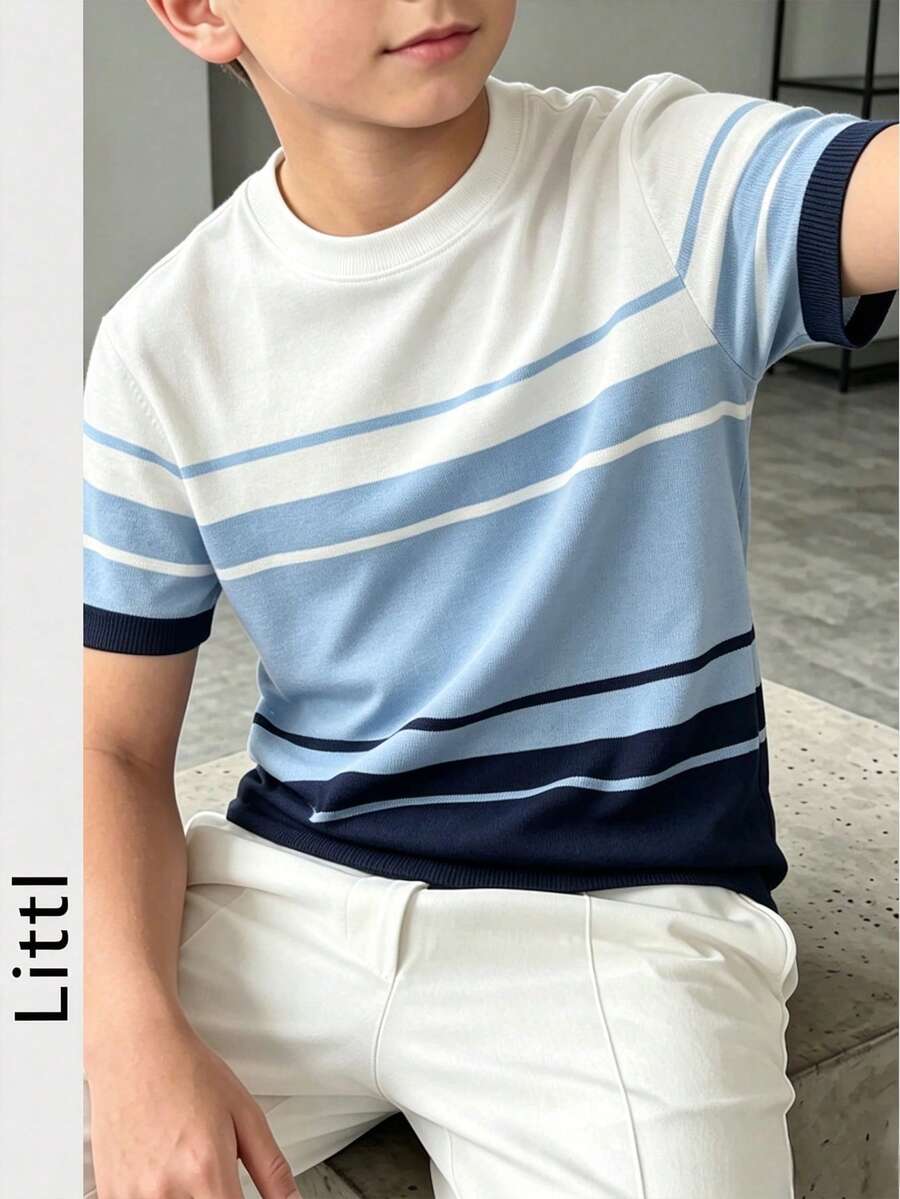Boys' Striped Colorblock Knit Short Sleeve Burgundy Casual Summer Pullover - Baby Blue - View 1