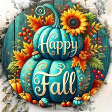 Cheerful Autumn Pumpkin And Sunflower Design, 8x8 Inch Round Iron Wall Decor, Flat Printed Metal Sign, Suitable For Bar, Cafe, Club, Kitchen - Autumn Harvest Theme Iron Wall Hanging Decorative Sign (Random Hole Position) - A - View 4