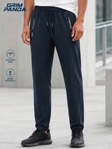 1pc Boyfriend Style Men's Solid Color Drawstring Long Pants, Sweatpants With Zipper Pockets, Suitable For Outdoor Activities And Jogging - Blue - View 1