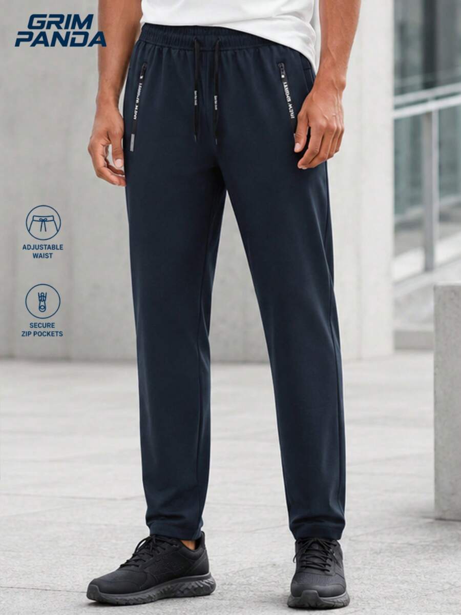 1pc Boyfriend Style Men's Solid Color Drawstring Long Pants, Sweatpants With Zipper Pockets, Suitable For Outdoor Activities And Jogging - Blue - View 1
