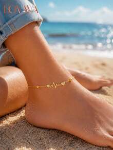 1Pc Heartbeat Heart Beach Waterproof 18K Gold Plated Stainless Steel Non Tarnish Jewelry Summer Vacation Dainty Anklets For Women - Gold - View 6