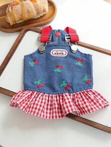 PETCIRCLE 1件寵物衣服 小狗幼犬貓用 可愛甜美風刺繡櫻桃圖案無袖背心裙 - 彩色 - 查看 1