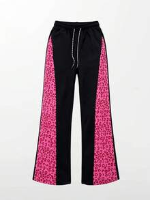 Women's Wide-Leg Pants With A Color-Blocked Leopard Print, Perfect For Casual Street Style Or Everyday Wear. - Black - View 5