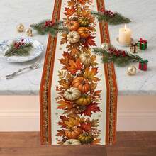 1pc Autumn Maple Leaf Pumpkin Pine Cone Print Table Runner, Suitable For Holiday, Party, Dinner, Restaurant Table Decor, Home Autumn Decoration - Multicolor - View 3