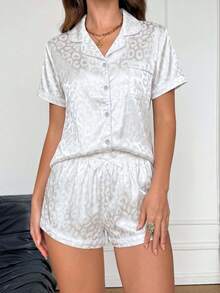 2pcs Women's Satin Leopard Print Short Sleeve Collared Top And Bow Shorts Pajama Set - White - View 6