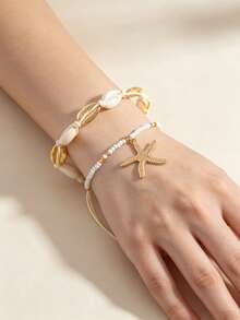 2 piezas/Set Serie de Conchas de Playa de Vacaciones, Conjunto de Estilo Bohemio con Cuentas de Arroz y Conchas - Dorado - Ver 6