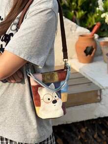 Cute Cartoon White Dog Bucket Crossbody Bag, Color Block Patchwork Splicing Canvas Shoulder Purse With Glasses Puppy Print. - Multicolor - View 6