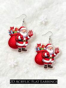 2D Santa Claus Gift Pendant Earrings, Flat Acrylic Double-Sided Print, Christmas Cartoon Lightweight Ear Accessories, Perfect Halloween, Thanksgiving, Christmas Gift For Girls And Women, Cute Fashion Accessory Suitable For Any Occasion - Santa Claus - View 4