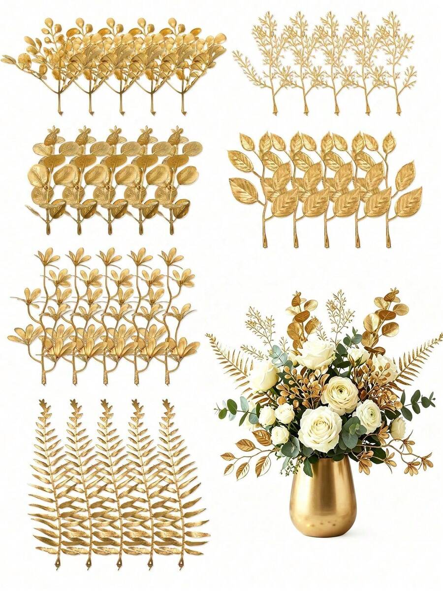 Realistic Mini Gold Leaves, Artificial Gold Plant Stems, Simulated Eucalyptus, Cedar, Elm Leaves And Grass Stems, Suitable For Wedding Floral Decoration, DIY Wreath Crafts, Christmas Tree Filler Decoration - Multicolor - View 1
