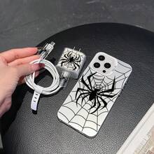 6件組液態黑色蜘蛛手機殼圖案 + 充電頭保護套 + 線材保護套 + 收納繩 + 數據線保護繩 TPU 防摔保護殼，相容 Apple 17 16e 16 15 14 13 12 11 Mini Pro Max Air X XR XSMAX 8 7 Plus，防摔磨砂背殼，智慧型手機保護殼，日常使用殼，時尚手機配件，創意設計，UV 印刷設計，時尚保護殼，時尚愛好者，音樂愛好者，生日禮物首選 - 彩色 - 查看 2