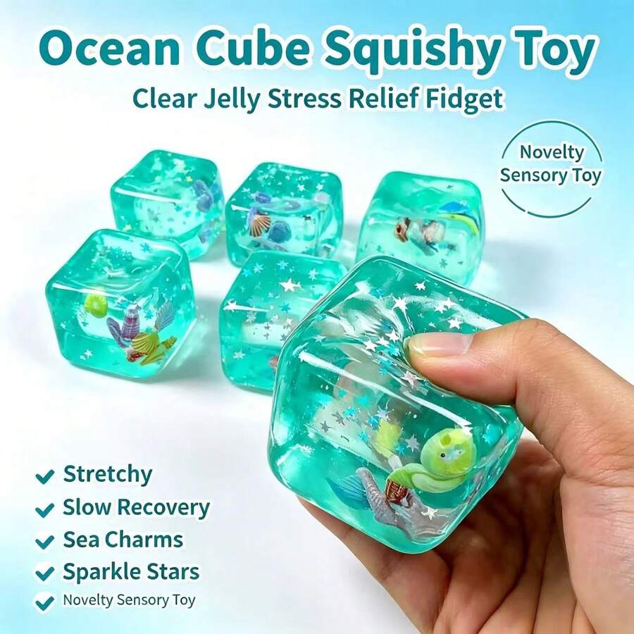 Transparent Ocean Cube Squishy, Transparent Jelly Stress Ball Fingertip Toy, With Shells, Starfish And Glitter, Soft Squeezable Sensory Toy, Office Desk Decor, Anxiety Relief, Gift For Children And Adults - Green - Transparent Ocean Cube Squeeze Toy - View 1