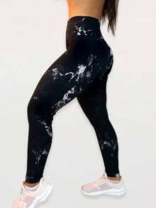 Women Leggings - 黑色大理石紋 - 查看 2