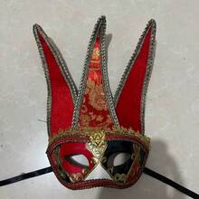 1pc Red & Black Clown Venetian Mask With 3-Pointed Hat & Bells, Luxury Gold Embroidered Half Face Mask, Vintage Carnival Costume Mask For Carnival, Halloween, Party Role Play - Three-pointed Hat - View 8