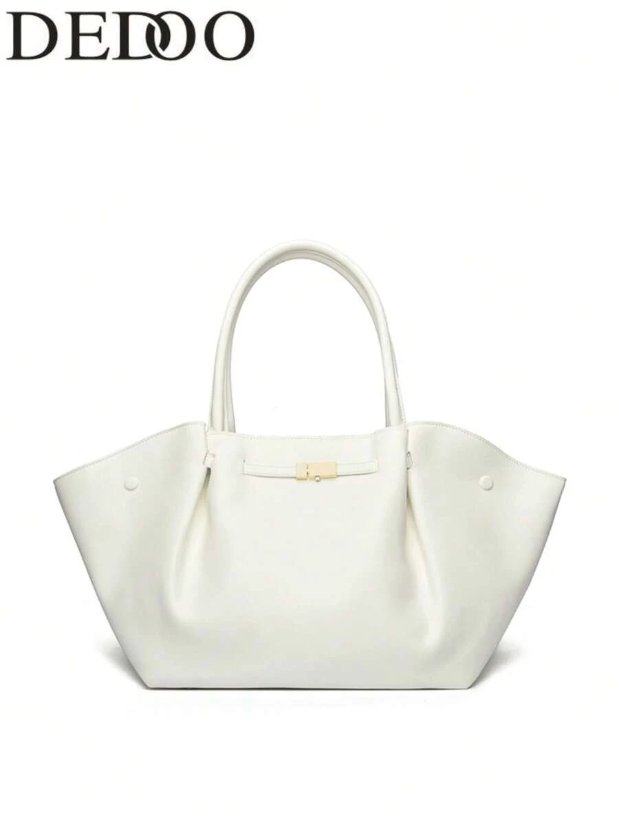 Dedoo Women's Solid Color PU Leather Tote Bag, Gold Buckle Ruched Design Minimalist Office Daily Shoulder Bag, Large Capacity, Campus Backpack, University Campus Use - White - View 1