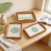 1pc 34cm X 24cm X 5cm Woven Rattan Shell Wavy Edge Rectangular Tray For Home Desktop Storage - Multicolor - View 3