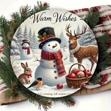 1pc Rustic Farmhouse Christmas Metal Sign, 2D Flat Printed Snowman And Friends Wreath, Suitable For Crafts, Home And Outdoor Holiday Wall Decor, 7.87 Inch Round Holiday Artwork (Random Hole Position) - A - View 4