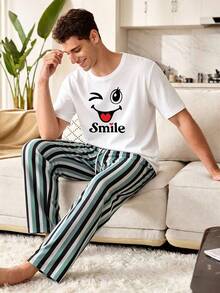 Men's Summer Crew Neck Casual T-Shirt And Casual Long Pants Loungewear Set - White - View 4