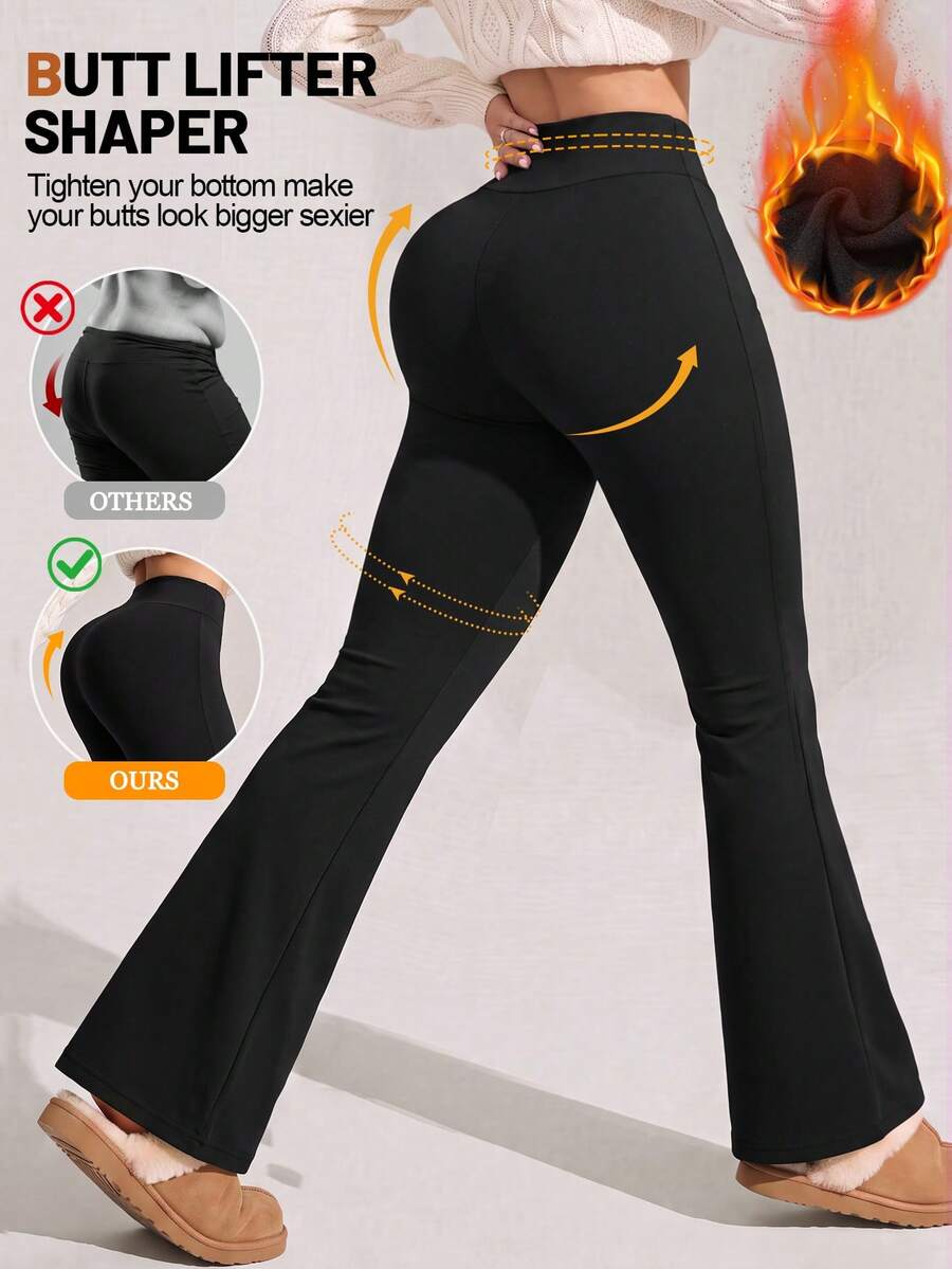 Tummy Control Flare Pants Thermal Fleece Lined Shaping Tights High Waist Butt Lifting Yoga Pants For Women Winter Daily & Gym - Black - View 1