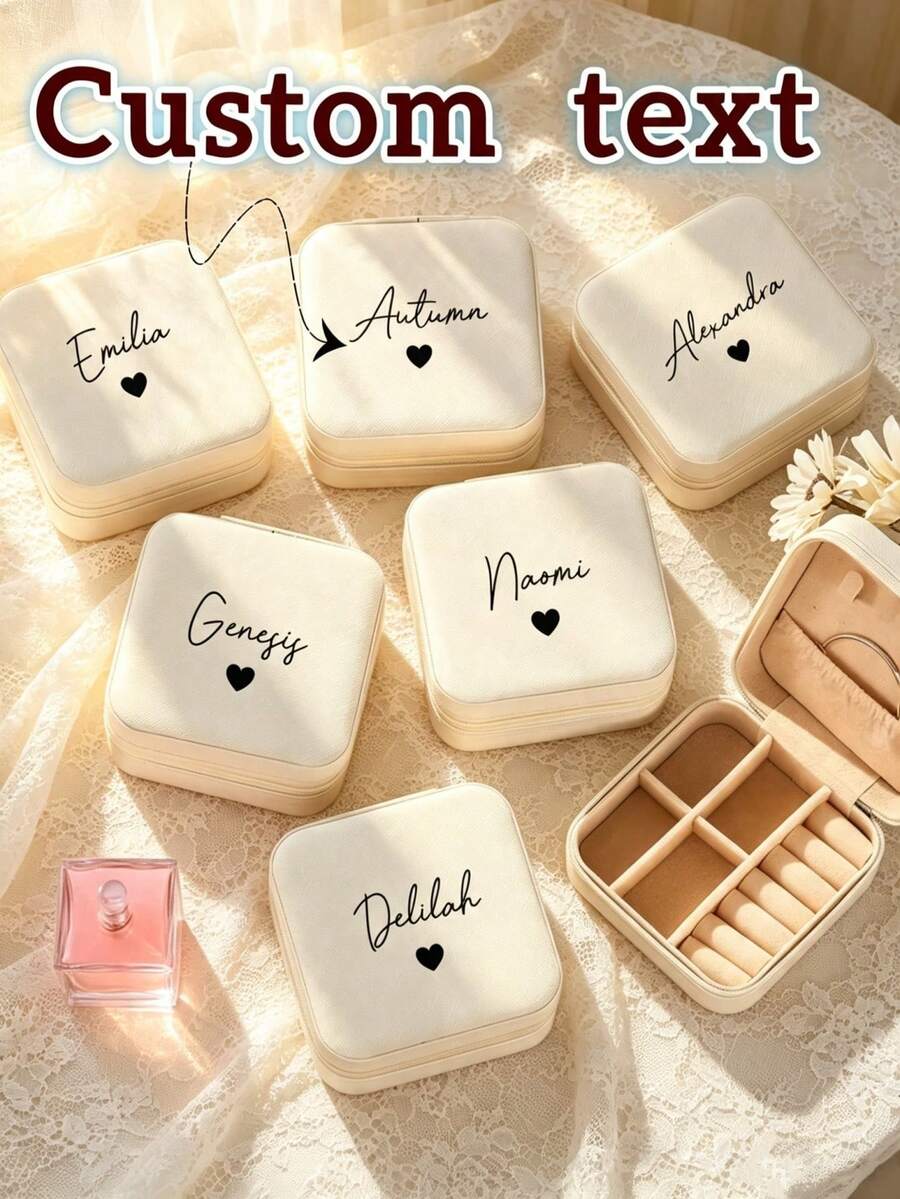 1pc Personalized Custom Pattern & Text Jewelry Box, Portable Jewelry Organizer, White Jewelry Box, Wedding Jewelry Box, Customized Text, Name Jewelry Box, Travel Jewelry Pouch For Earrings & Rings, Bridesmaid Gift, Valentine's Day Gift, Gift For Her, Mother's Day Gift, Wedding Favor - Multicolor - View 1