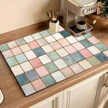 1pc Colorful Plaid Print Absorbent Draining Mat, Kitchen Decor Coffee Machine Mat, Handmade Coffee Pot Draining Mat, Kitchen Floor Mat, Dining Table Mat, Kitchen Countertop Dish Draining Mat, Breakfast Mat, Heat-Resistant Draining Mat, Non-Slip Backing Coaster, Washing Machine Mat, Diatomaceous Earth Draining Mat, Stain Concealing, Kitchen Super Absorbent Draining Mat, Easy To Clean, Dish Rack Mat, Perfect For Kitchen, Dining Table, Cafe, Bar, Holiday Party And Home Decor, Ideal Holiday Gift - Multicolor - View 4