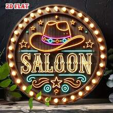 Non-Electric 2D Flat Metal Sign, Western Bar Neon Light Design With Star Pattern, Perfect For Farmhouse, Cafe, Beach House 8X8 Inches. Pre-Drilled Holes, Style As Shown In Dimension Diagram - Multicolor - View 1