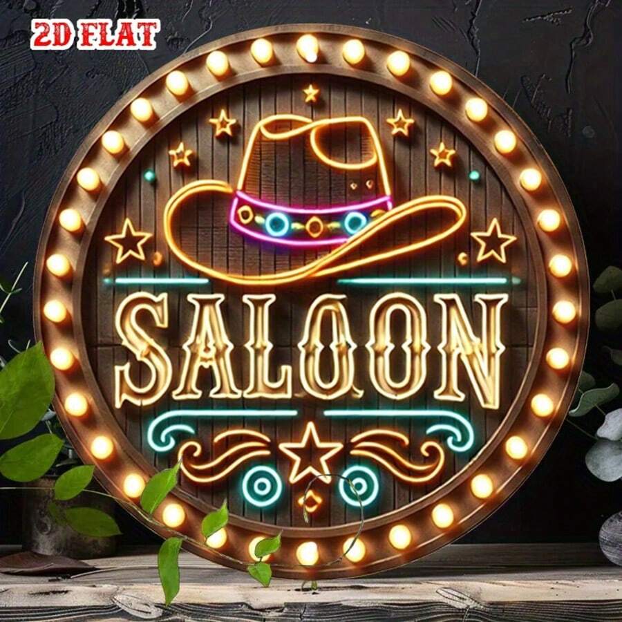 Non-Electric 2D Flat Metal Sign, Western Bar Neon Light Design With Star Pattern, Perfect For Farmhouse, Cafe, Beach House 8X8 Inches. Pre-Drilled Holes, Style As Shown In Dimension Diagram - Multicolor - View 1