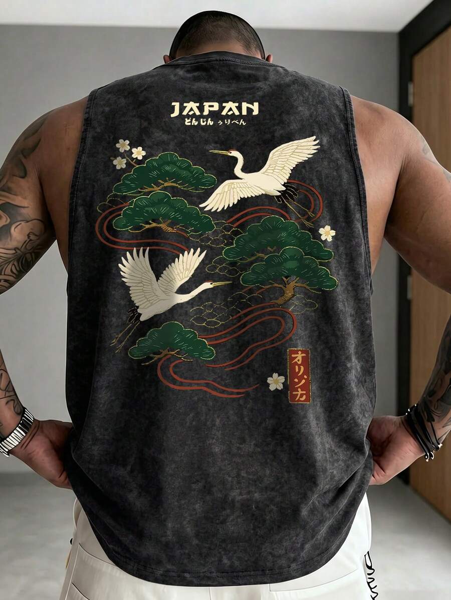 男士时尚百搭休闲仙鹤、松枝和雪花印花圆领背心,夏季 - 黑色 - 查看 1