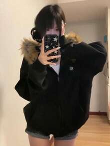 Women's Plush Hooded Casual Daily Long Sleeve Sweatshirt - Black - View 4