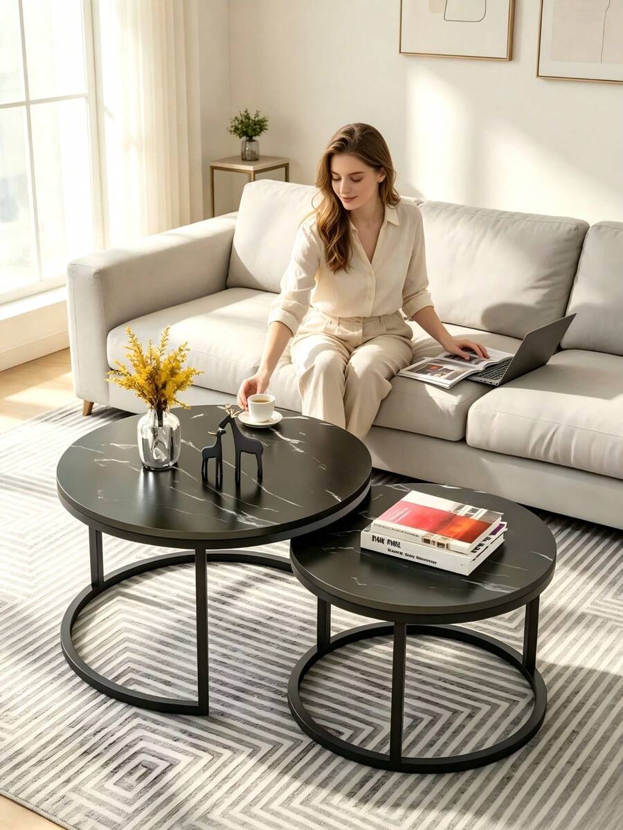 1 Round Coffee Table With Faux Marble Tabletop, Wear-Resistant And Easy To Maintain, Flexible To Place And Compatible With Various Living Room Styles - Multicolor - View 1
