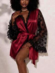 Women's Burgundy Satin Kimono-Style Short Loungewear, Lip Print Mesh Flare Sleeves, Lace Trim Tie, Valentine's Day Gift - Burgundy - View 1