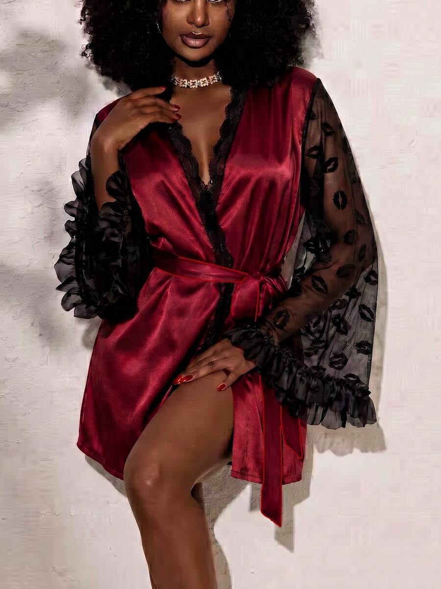 Women's Burgundy Satin Kimono-Style Short Loungewear, Lip Print Mesh Flare Sleeves, Lace Trim Tie, Valentine's Day Gift - Burgundy - View 1