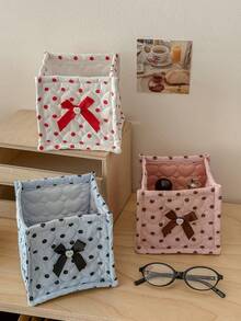 1pc 4-Color Large Polka Dot Storage Basket With Bow Decor, Desktop Organizer For Dorm, Bedroom, Miscellaneous Small Items - Multicolor - View 3